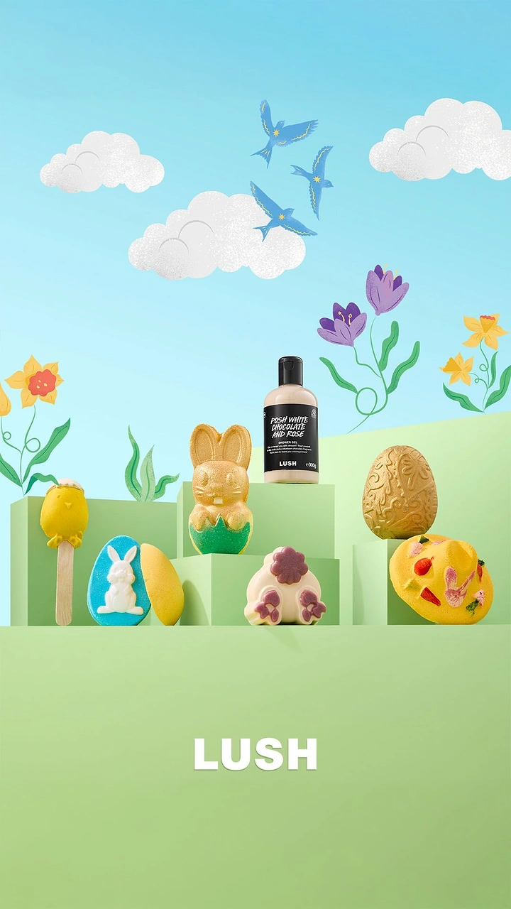 Easter creative ad: Easter bath products and shower gel on pastel green pedestals