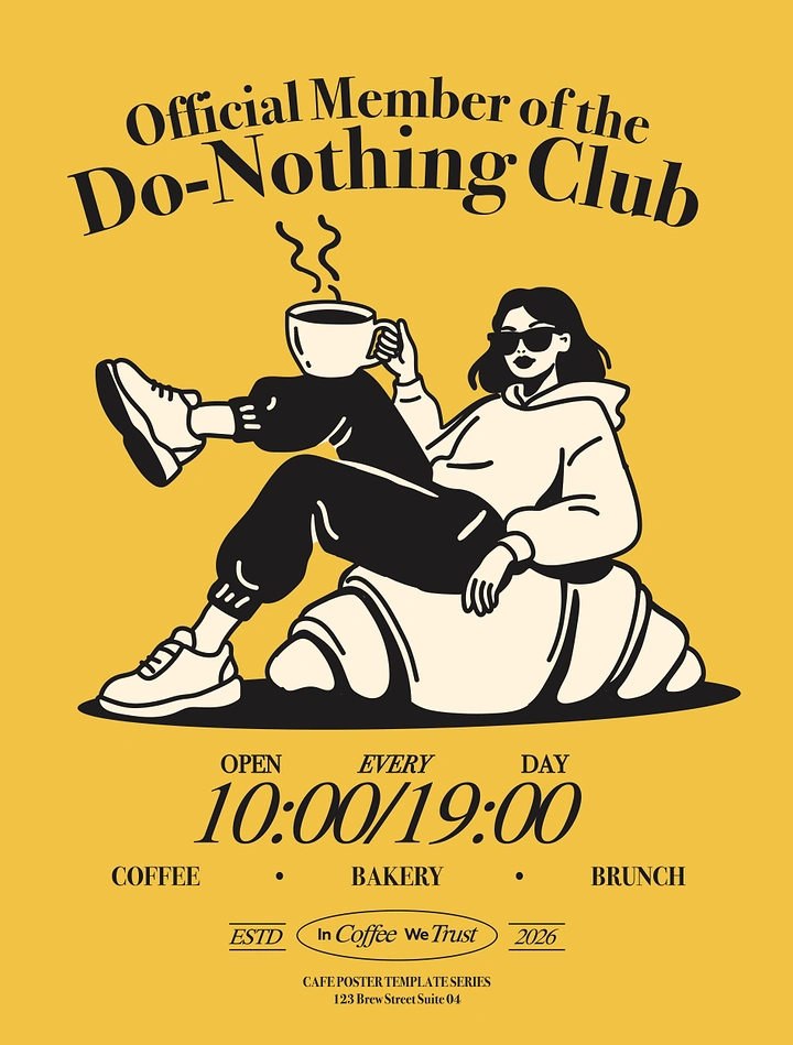 Coffee Shops creative ad: Illustrated woman in sunglasses lounging on a giant croissant holding coffee