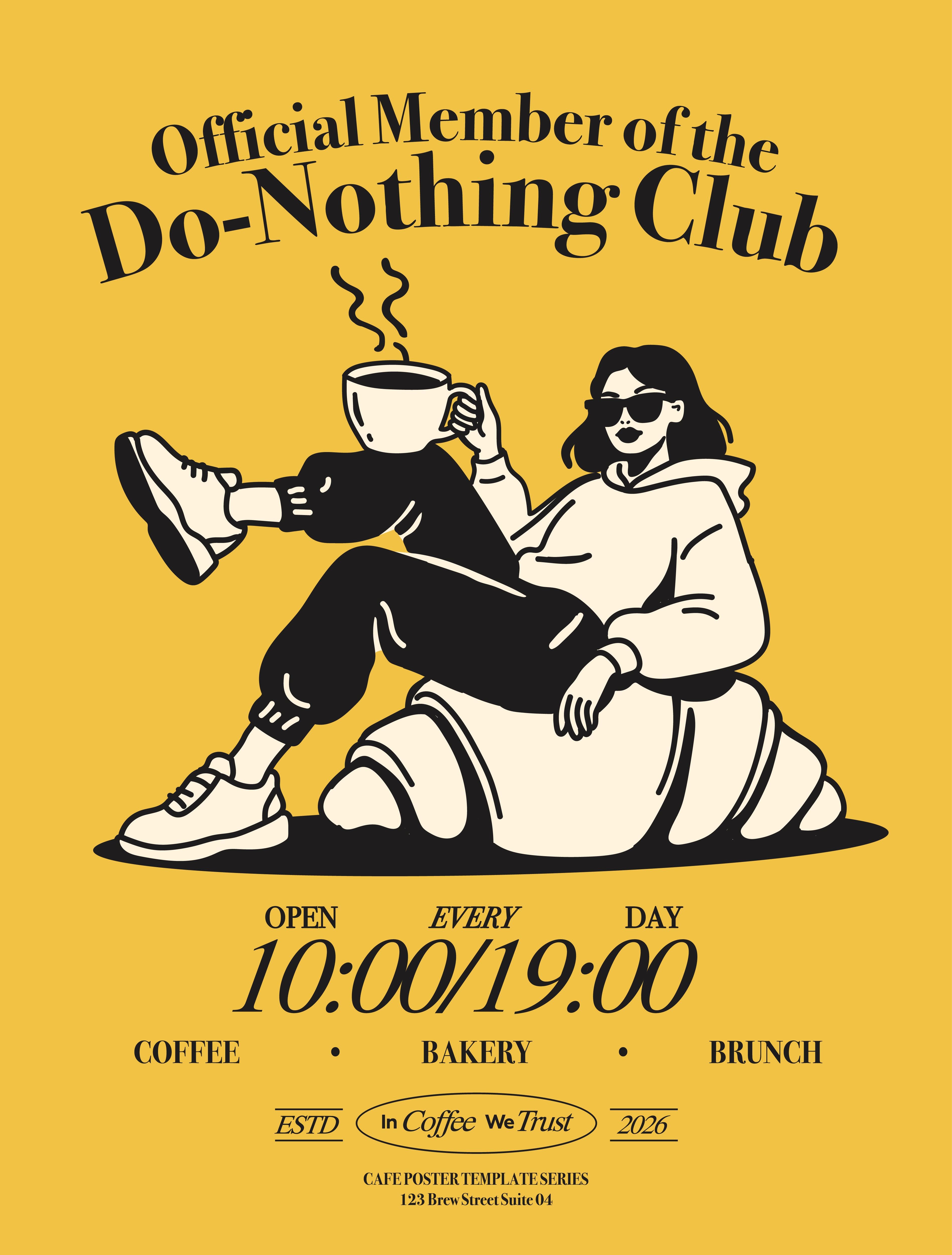 Poster: Illustrated woman in sunglasses lounging on a giant croissant holding coffee