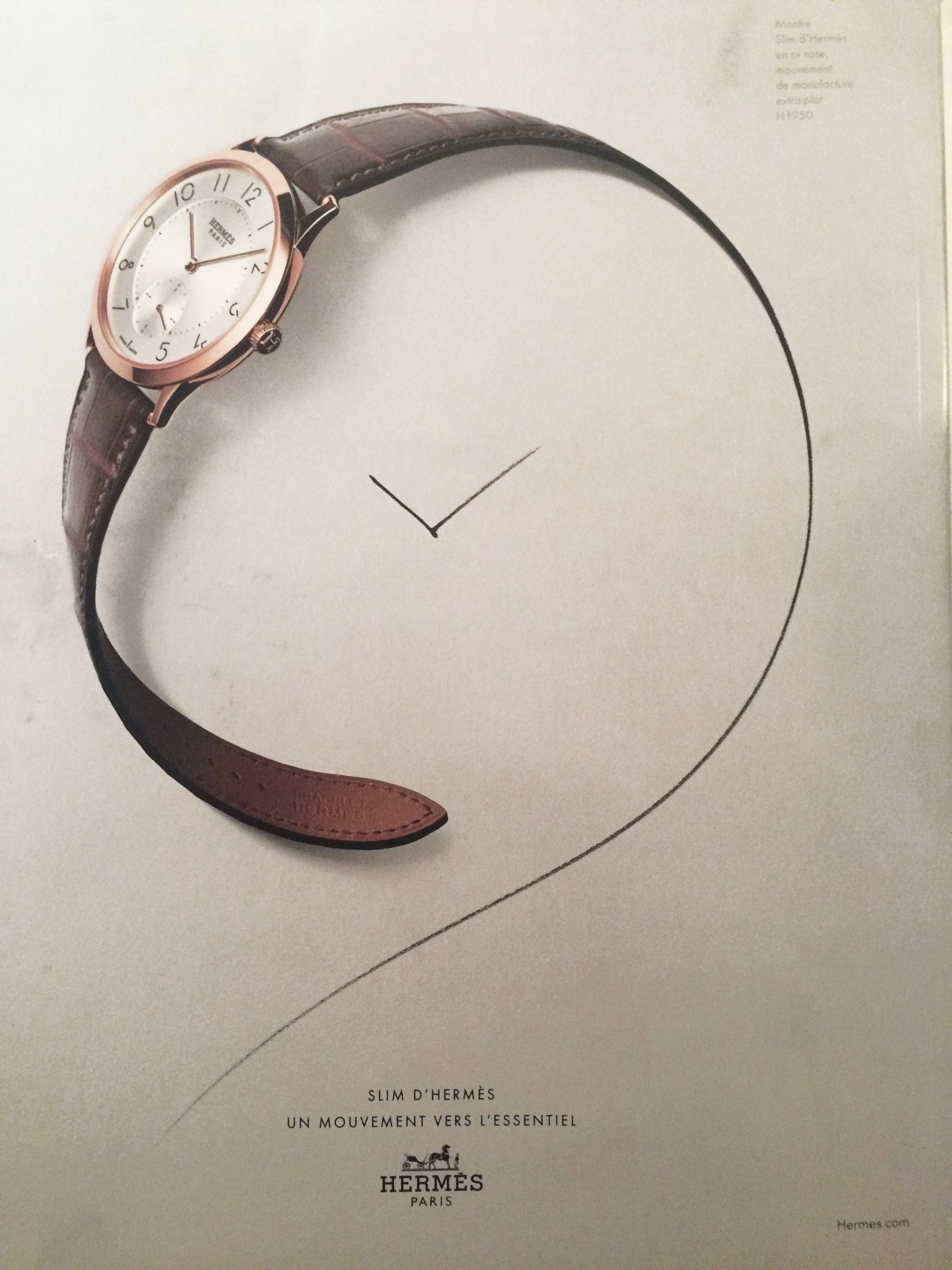 Poster: Rose-gold slim watch whose strap flows into a drawn spiral line with clock hands