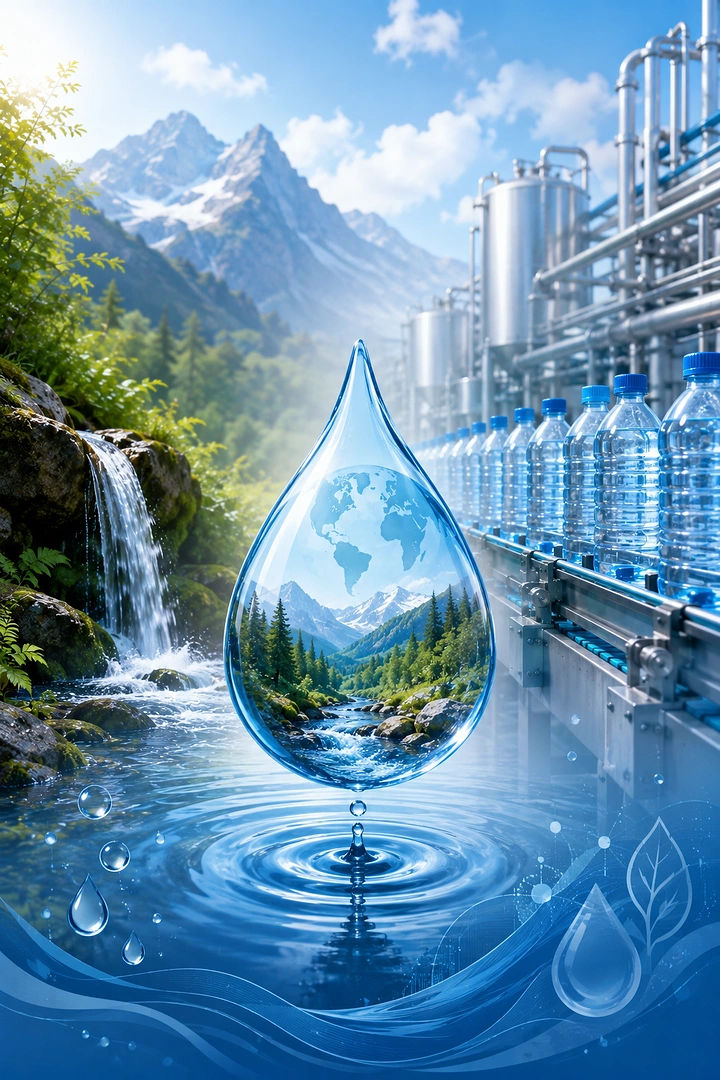 Packaged Drinking Water creative ad: Water droplet merges nature and factory