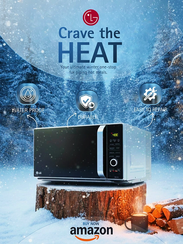 Home Appliances creative ad: Microwave on stump in snow, 'Crave the Heat'