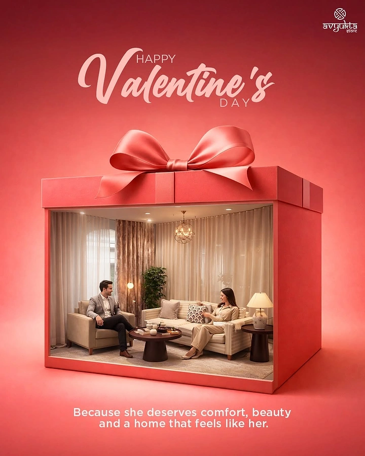 Valentine's Day creative ad: Open-front gift box holding a furnished living room with a couple