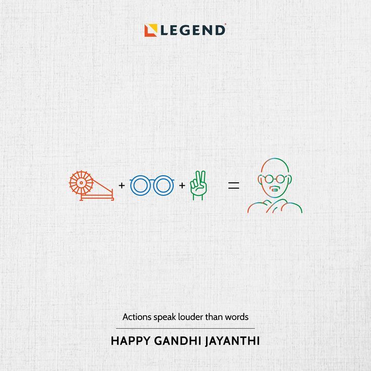 Icon equation: charkha + round glasses + V-sign = line-art Gandhi portrait