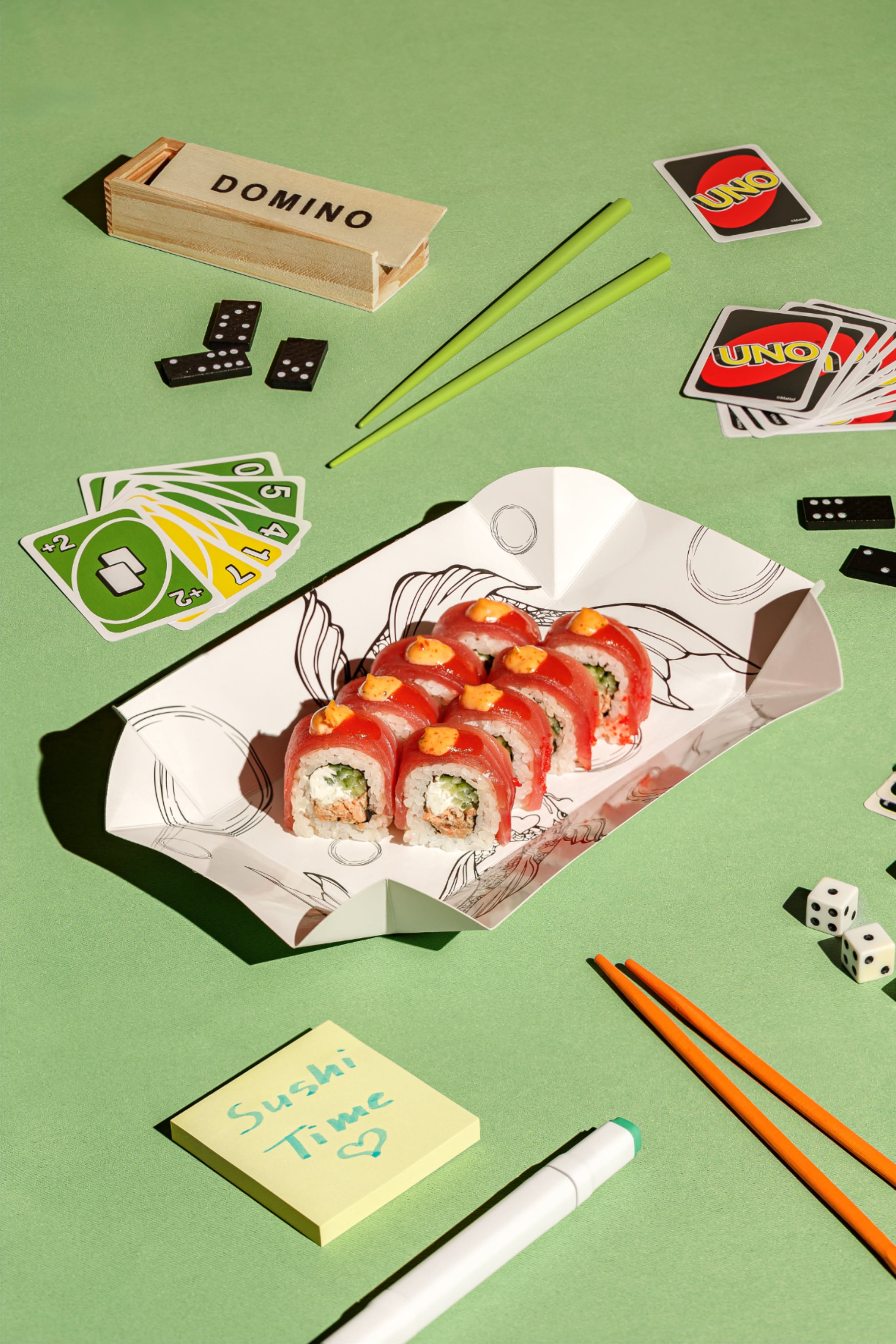 Story: Sushi game-night flatlay with playful context
