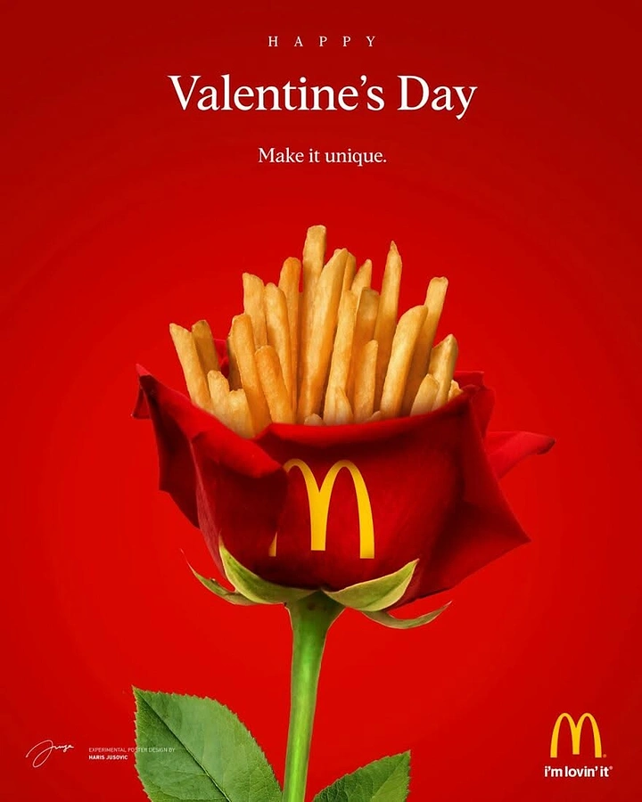 Valentine's Day creative ad: Rose whose red petals form a fries carton filled with golden fries