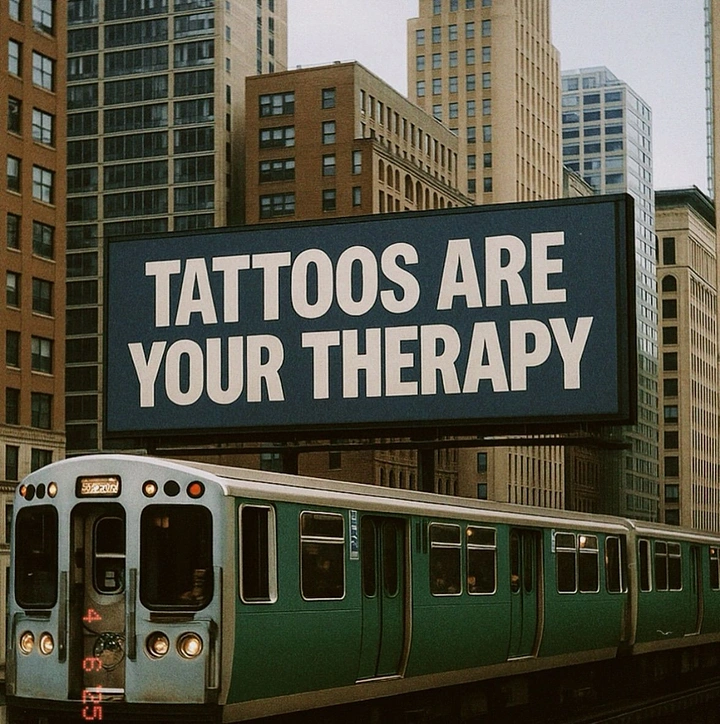 Tattoo Studios creative ad: City billboard mockup: tattoos as therapy