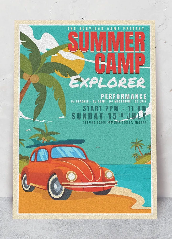 Summer Camps & Kids Activities creative ad: Retro road-trip treatment sells explorer camp