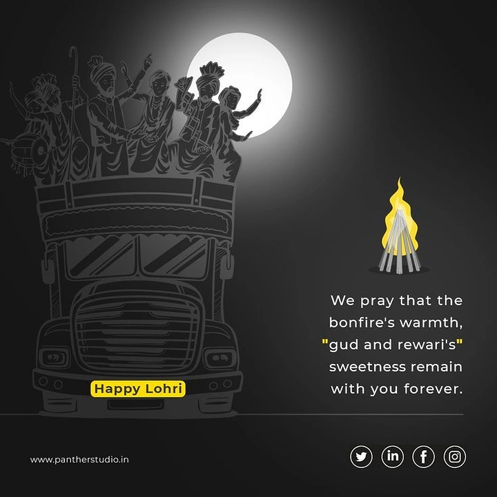 Lohri creative ad: Monochrome line-art Punjabi truck carrying dancing bhangra folk under a full moon