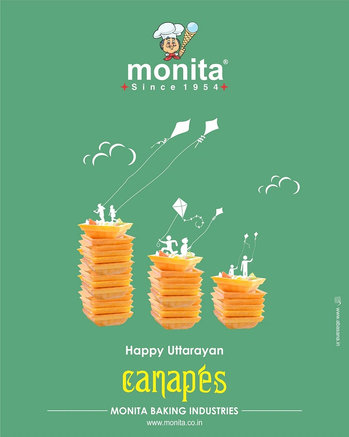 Makar Sankranti creative ad: Three stacks of canape cups with white silhouettes of people flying kites