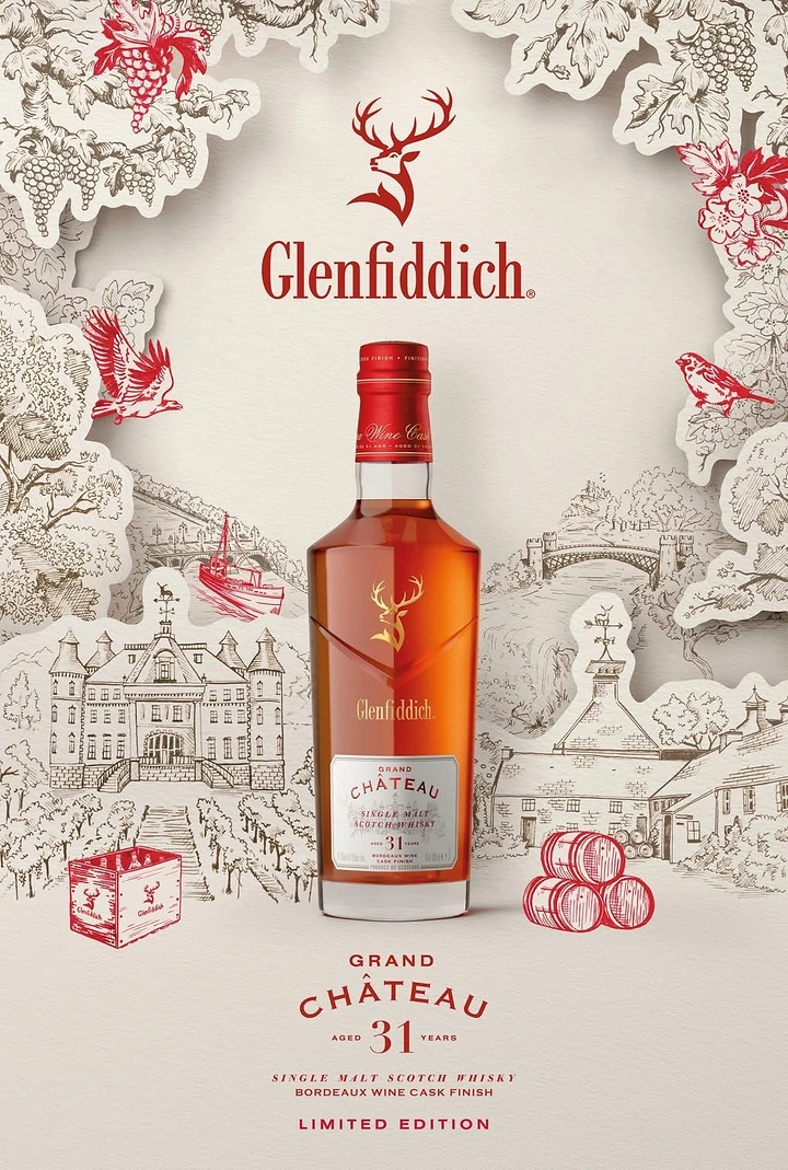 Creative ad: Whisky bottle framed by layered paper-cut etched chateau landscape