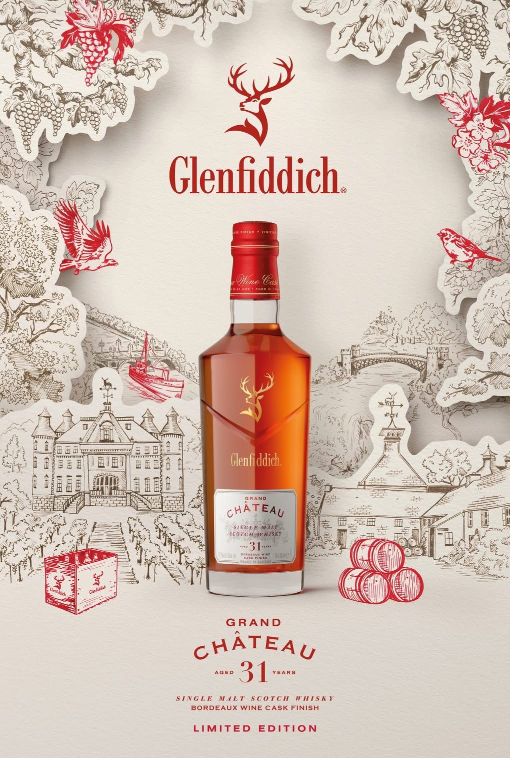Poster: Whisky bottle framed by layered paper-cut etched chateau landscape