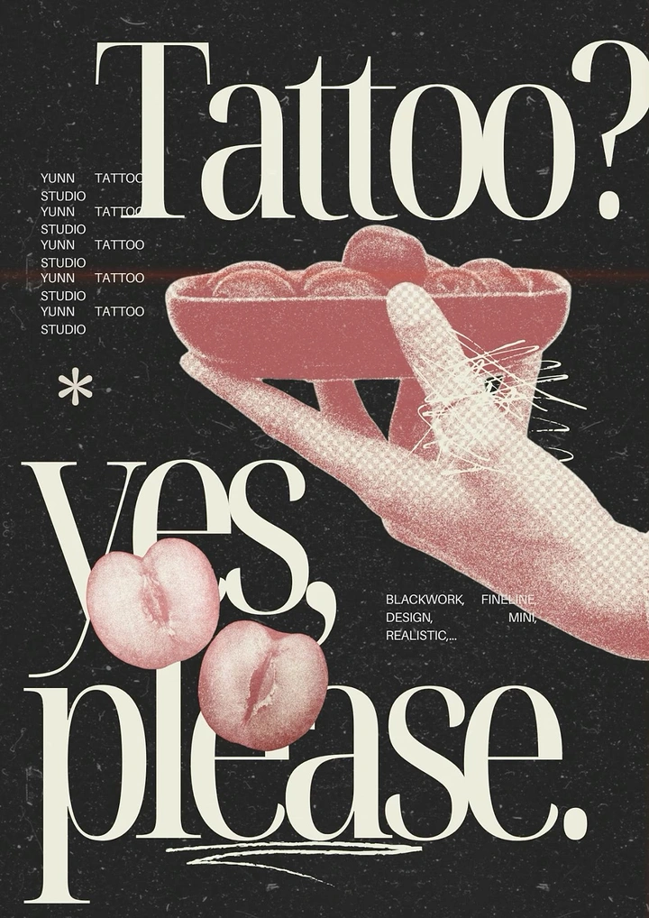 Tattoo Studios creative ad: Collage 'Tattoo? yes, please' peach metaphor
