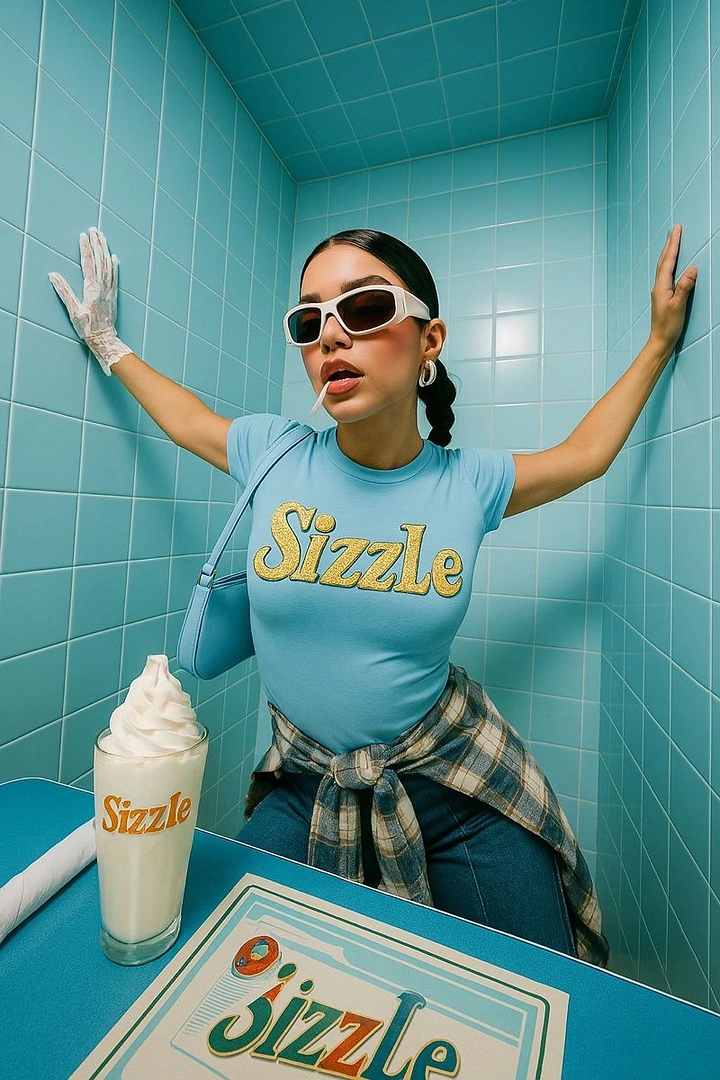 Print-on-Demand & Merch creative ad: Woman in branded baby-tee pressed against aqua tiled booth with milkshake