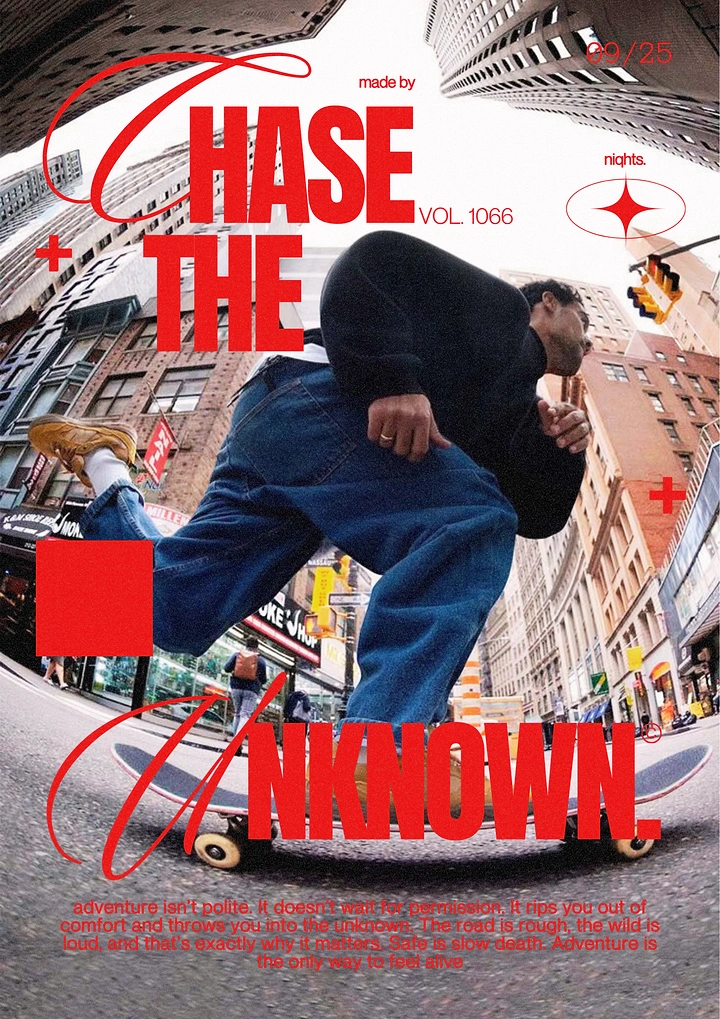 Creative ad: Fisheye low-angle skater cruising a city street
