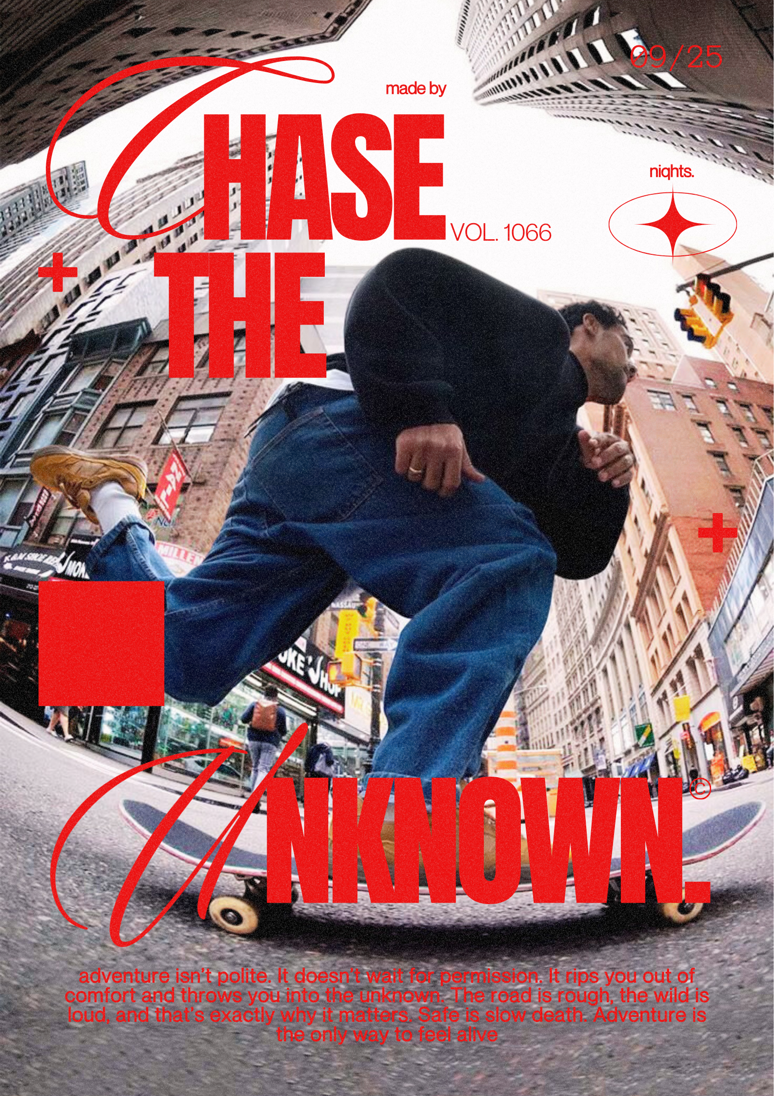 Poster: Fisheye low-angle skater cruising a city street