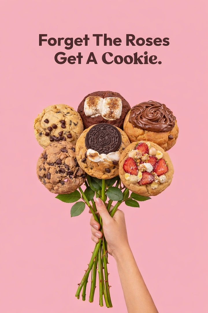 Valentine's Day creative ad: Hand holding a bouquet of loaded cookies on rose stems