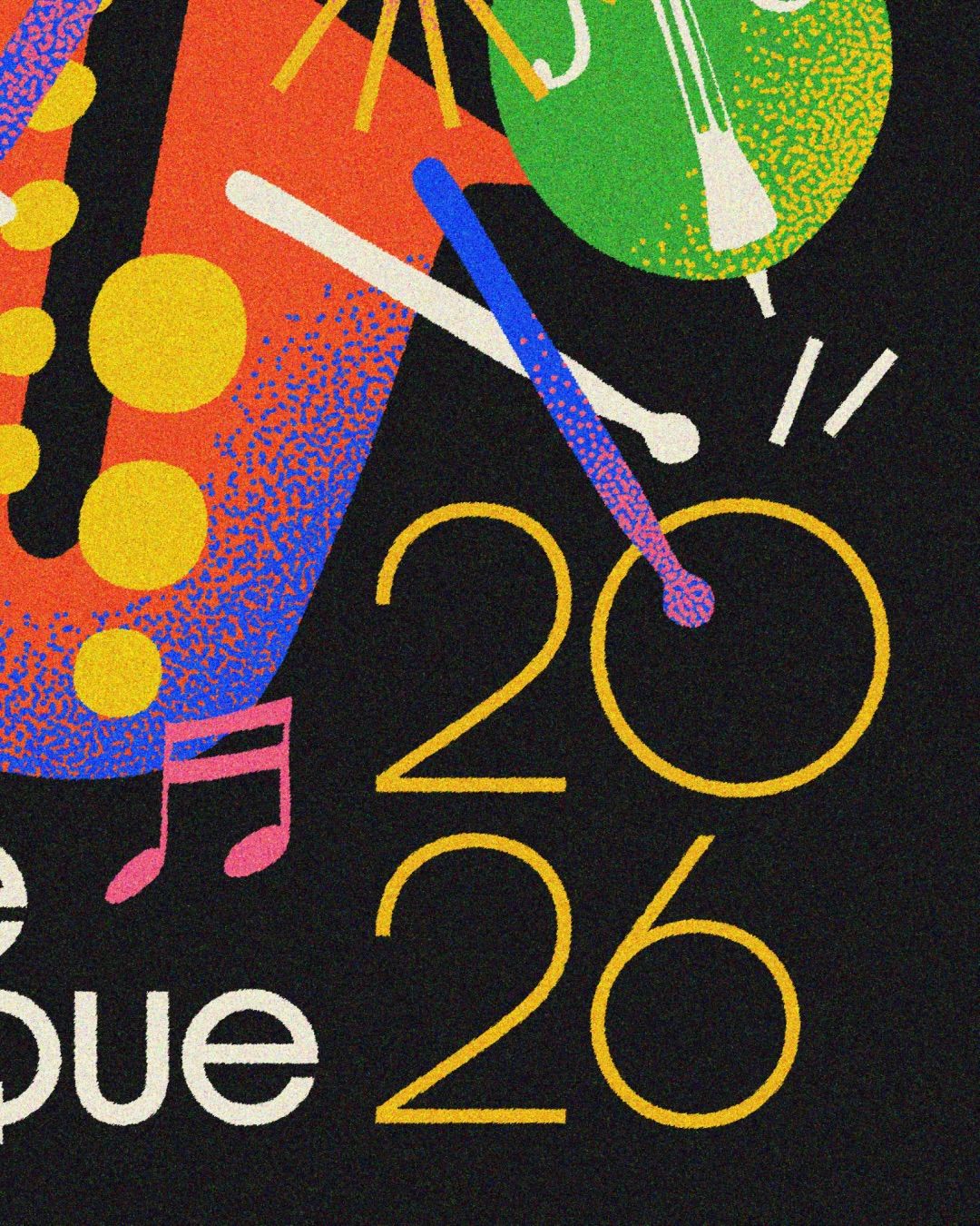 Exploding cluster of colourful musical instruments