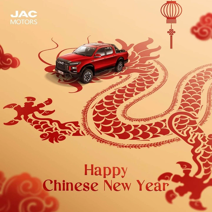 Lunar New Year creative ad: Red pickup truck leading a dragon drawn by its tyre tracks