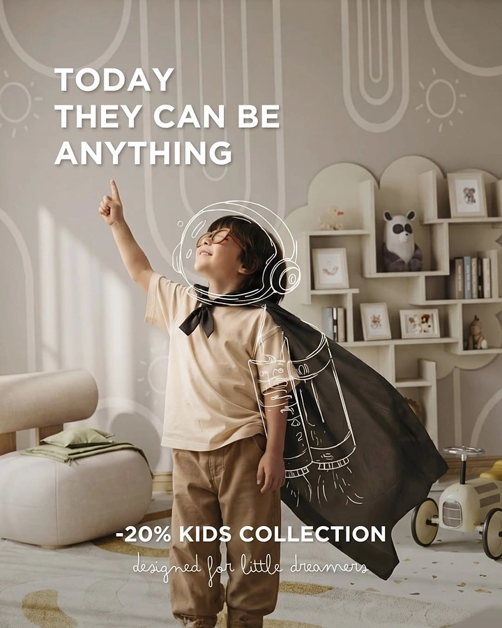 Children's Day creative ad: Child in cape pointing upward with doodled astronaut helmet and rocket