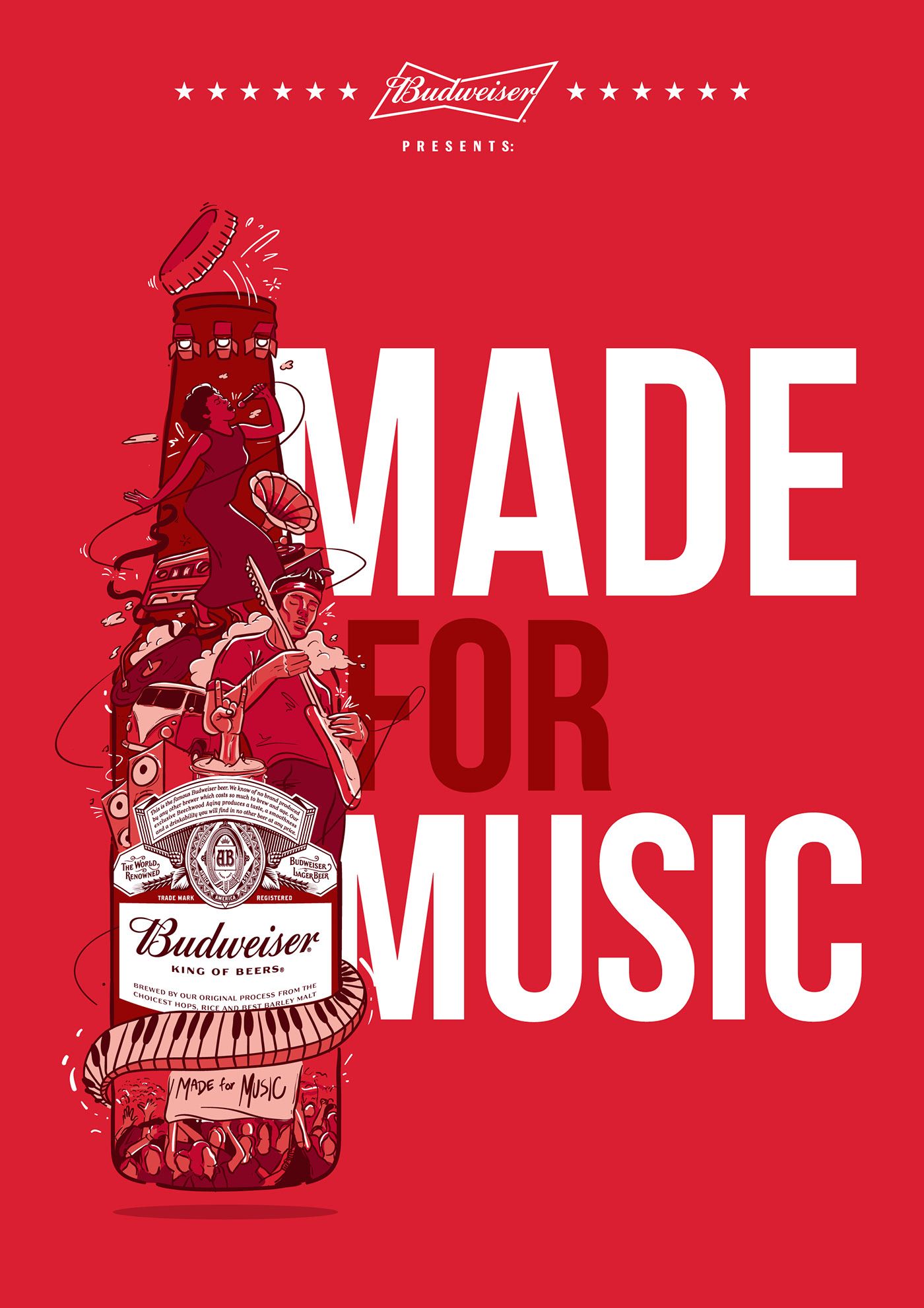 Poster: Beer bottle filled with an illustrated music scene