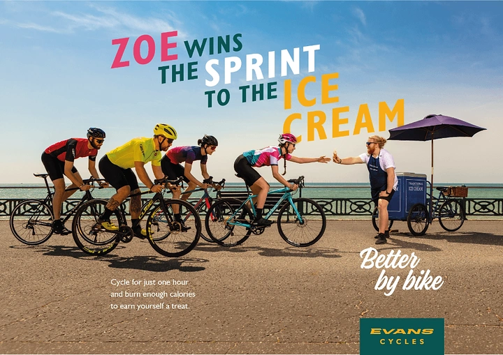 Bicycle Shops creative ad: Cyclists racing along a seafront to an ice cream vendor