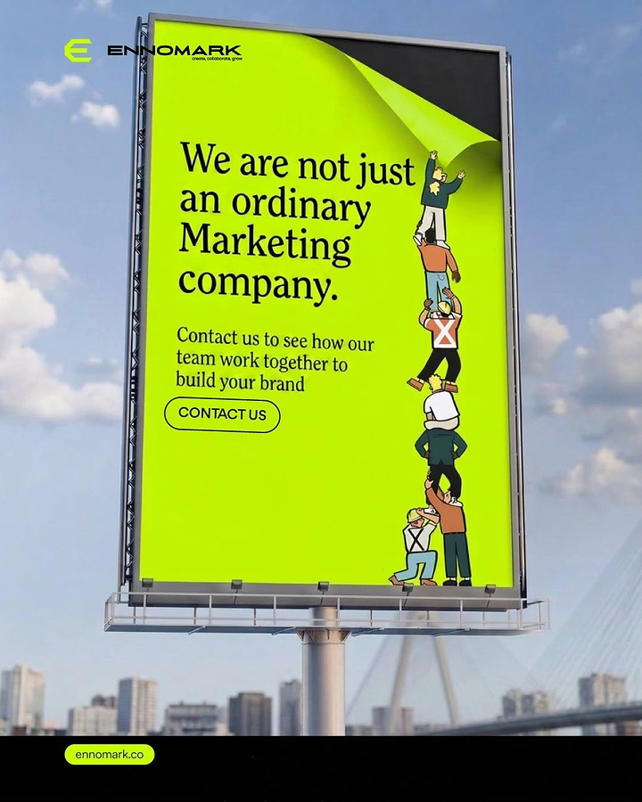 Agency creative ad: Human tower peels billboard: teamwork metaphor