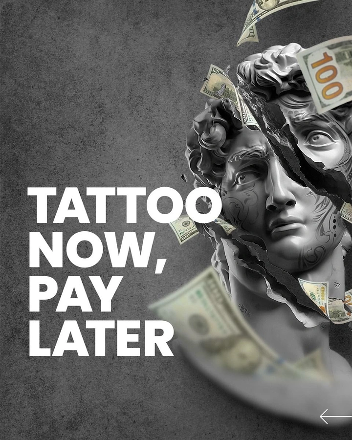 Tattoo Studios creative ad: Cracked statue, flying cash: pay-later pun