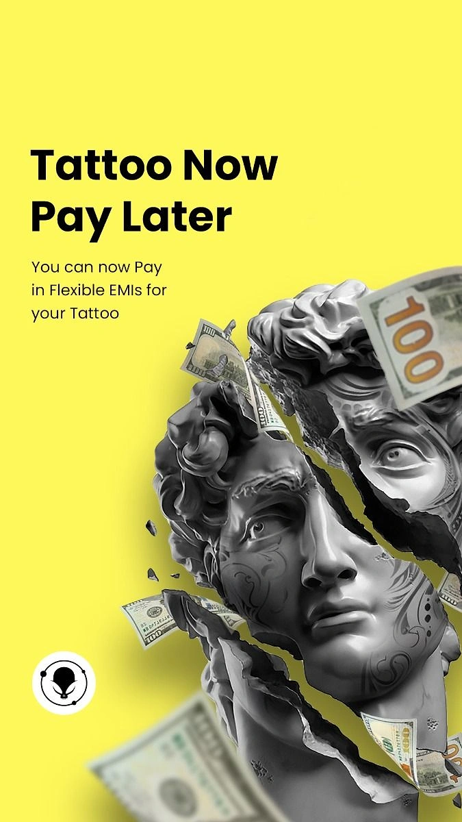 Tattoo Studios creative ad: Pay-later offer with cracked statue, cash