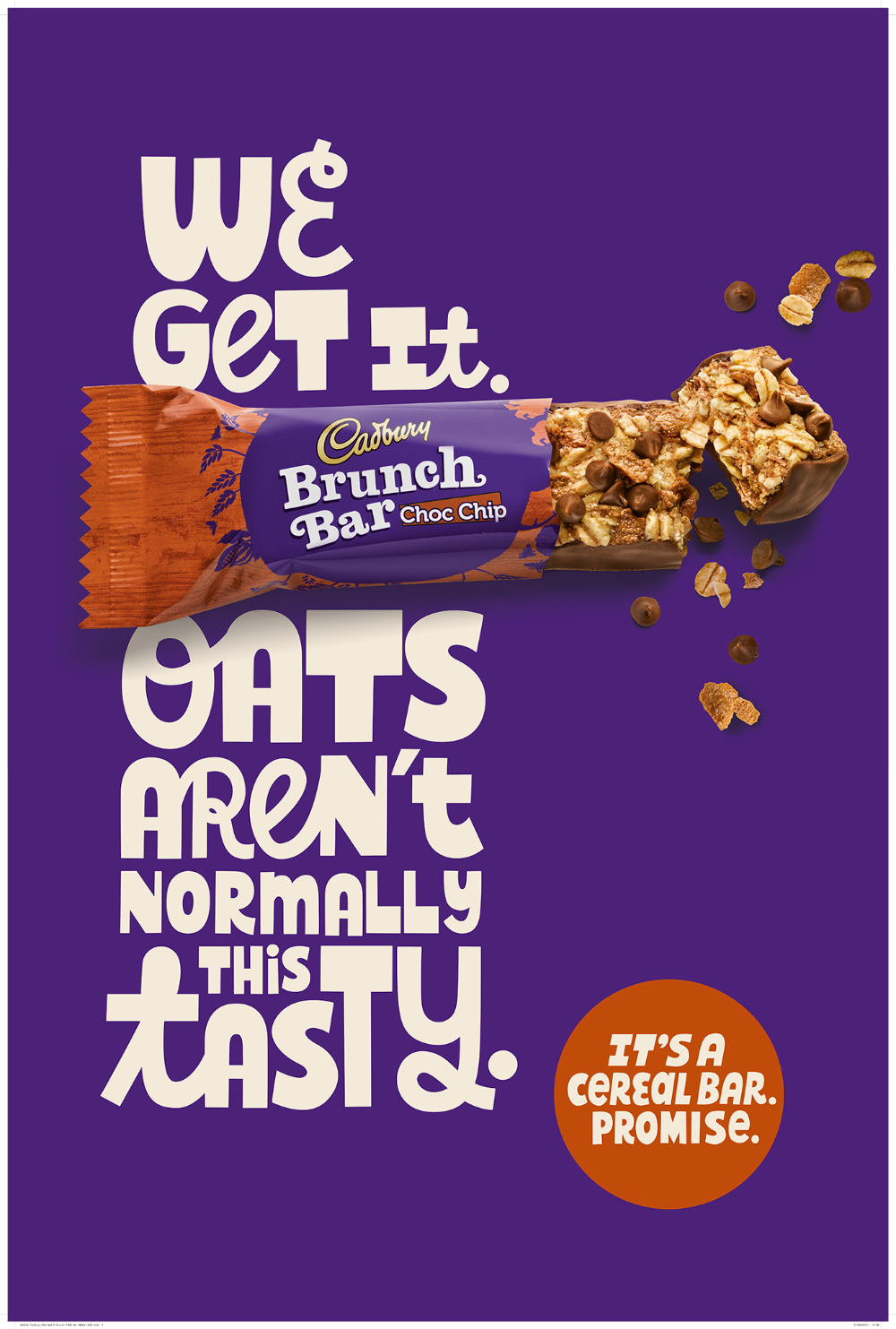 Poster: Half-unwrapped choc chip cereal bar with crumbs flying off