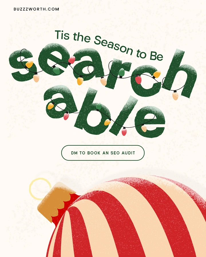 Christmas creative ad: Giant snow-dusted word wrapped in Christmas lights above a striped ornament