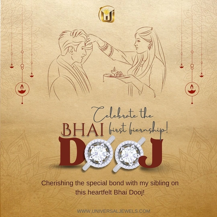Bhai Dooj creative ad: Line-art sister applying tilak to brother, diamond rings replacing letters