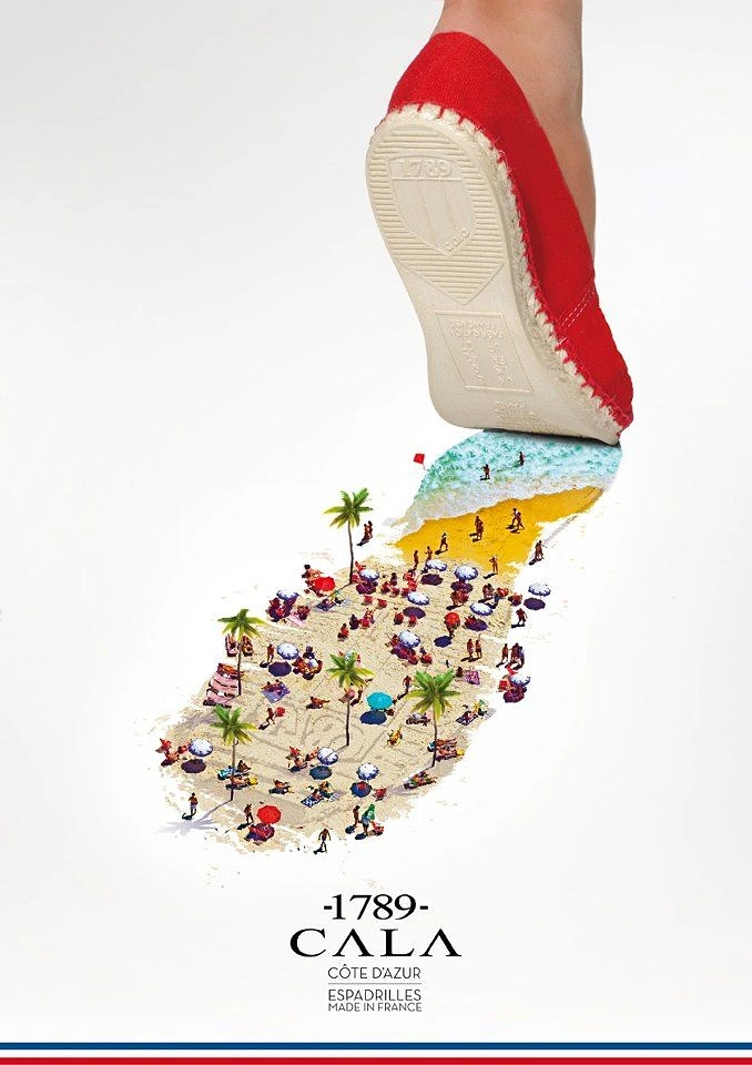 Fashion creative ad: Red espadrille stepping and leaving a footprint made of a miniature crowded beach
