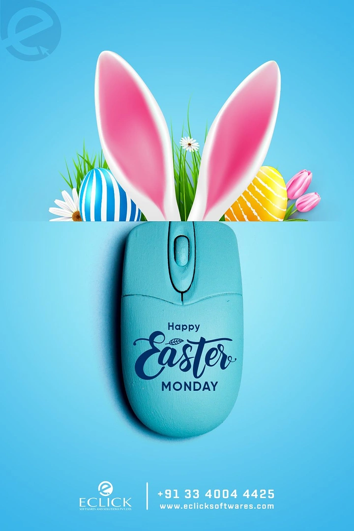 Easter creative ad: Pink bunny ears and Easter eggs peeking out behind a turquoise computer mouse