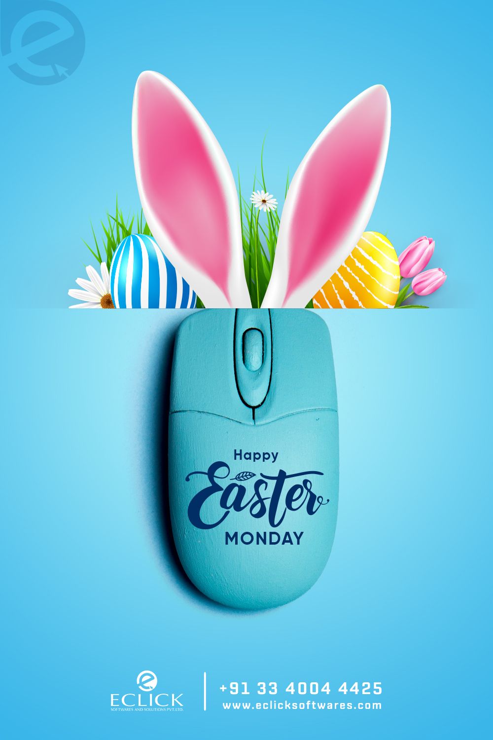 Pink bunny ears and Easter eggs peeking out behind a turquoise computer mouse