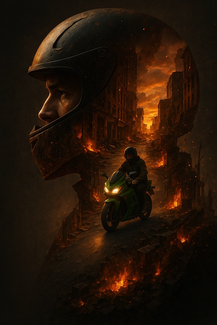 Helmets & Riding Gear creative ad: Helmet silhouette contains fiery riding world