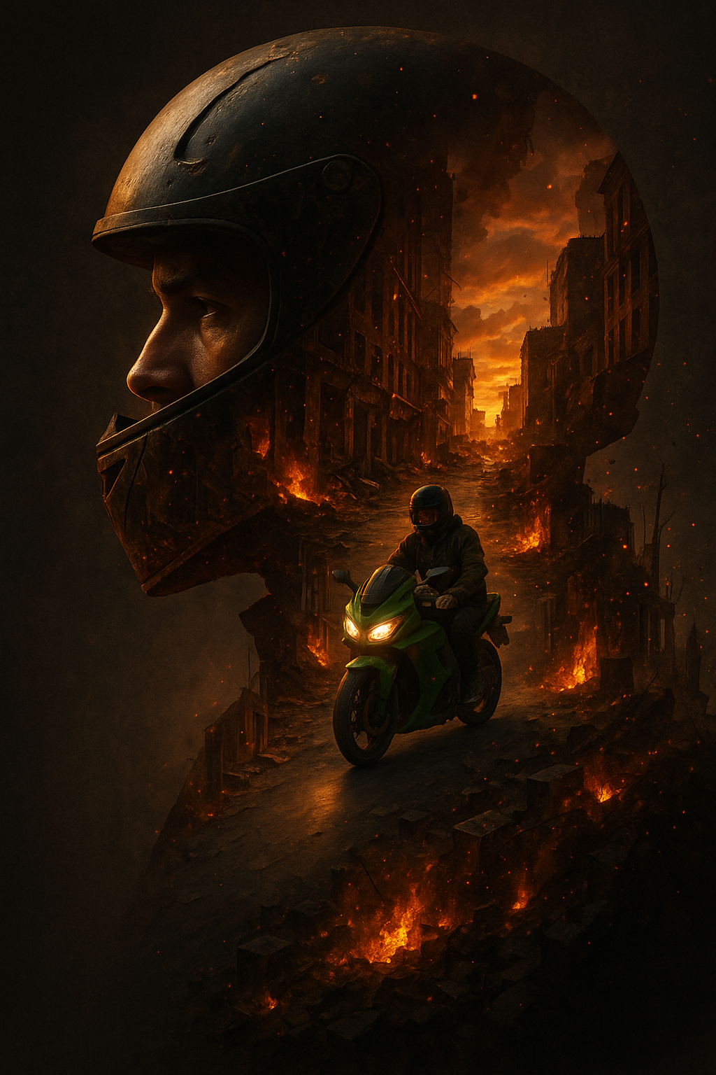 Story: Helmet silhouette contains fiery riding world