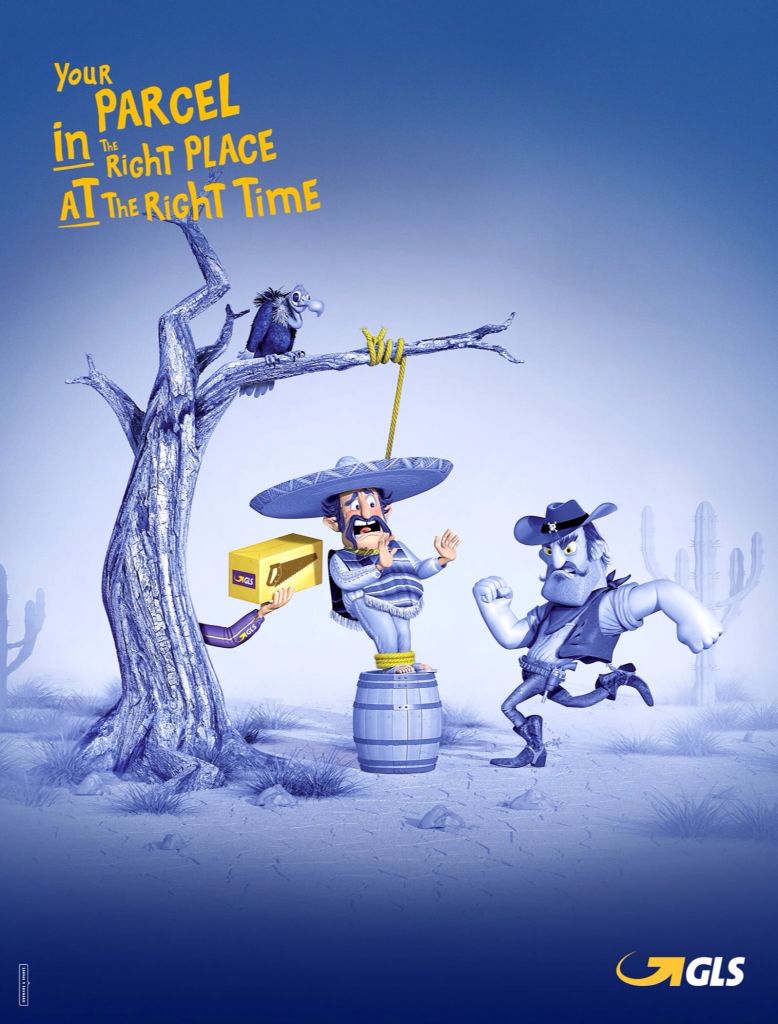 Poster: Cartoon hanging scene where a parcel delivers a saw just in time