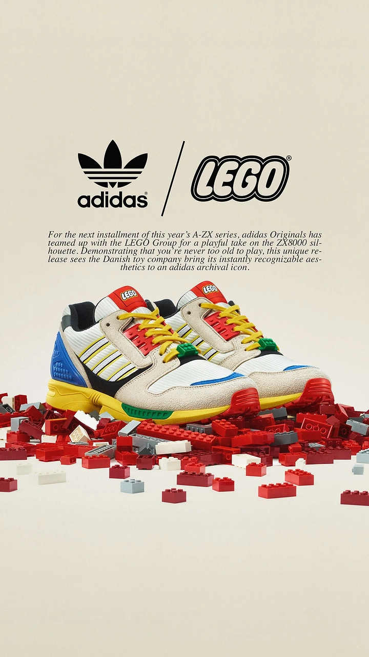 Toy Stores creative ad: Primary-colour sneakers resting on a pile of red toy bricks