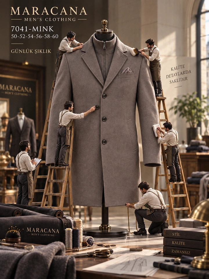 Fashion creative ad: Oversized taupe overcoat being crafted by miniature tailors in an atelier