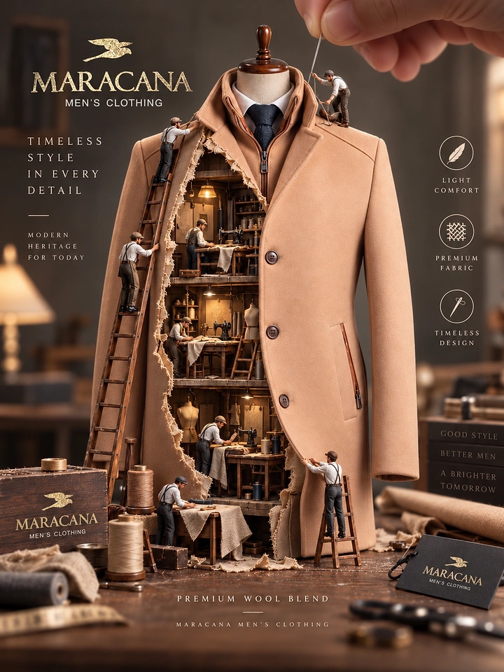 Fashion creative ad: Camel overcoat opened to reveal a miniature multi-level tailoring workshop