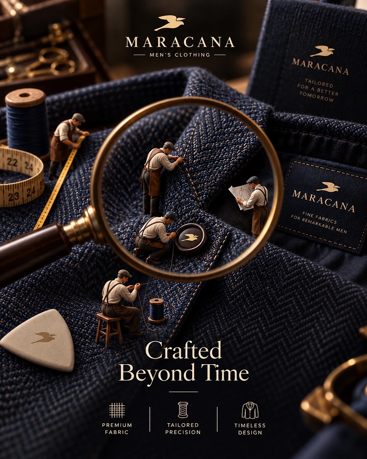Fashion creative ad: Macro navy tailoring fabric inspected through a brass magnifying glass