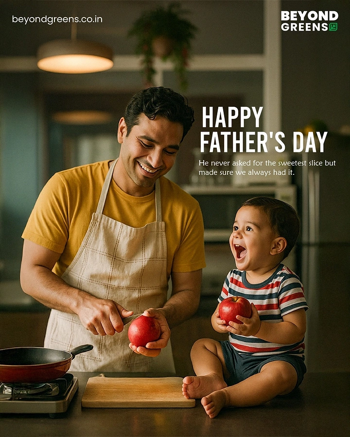 Father's Day creative ad: Father in apron slicing an apple beside a delighted toddler holding an apple on a kitchen counter