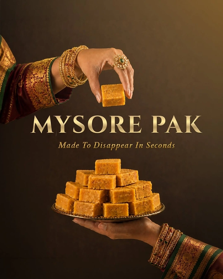 Creative ad: Adorned hands picking Mysore pak from a stacked plate