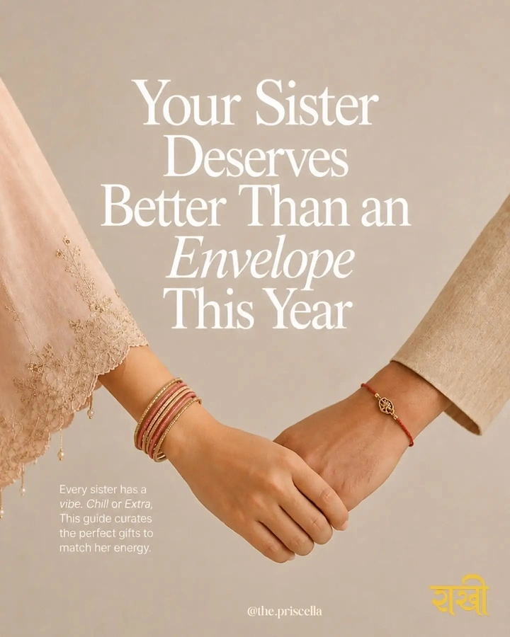 Raksha Bandhan creative ad: Sister's and brother's hands clasped, showing bangles and a rakhi