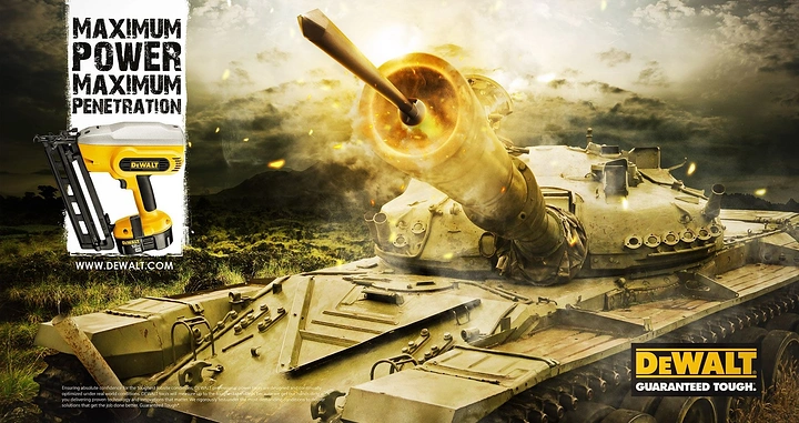 Power Tools creative ad: Drill power dramatized through tank-piercing visual