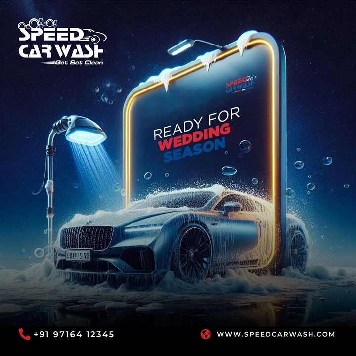 Car Wash & Detailing creative ad: Foamy car bursting from glowing frame, wedding tie-in