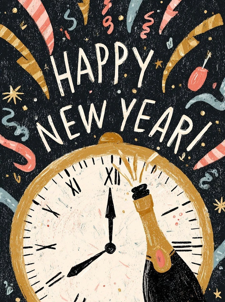 New Year creative ad: Gold clock at midnight with a popping champagne bottle
