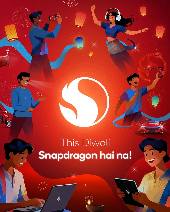 Diwali creative ad: Illustrated people celebrating Diwali with devices around a large central brand logo