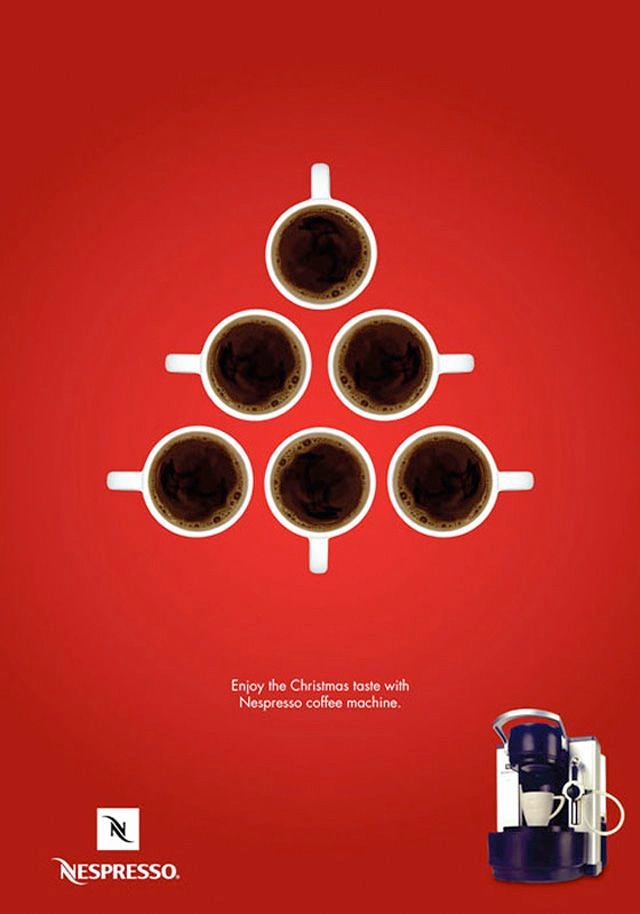 Christmas creative ad: Six top-down espresso cups arranged as a Christmas tree